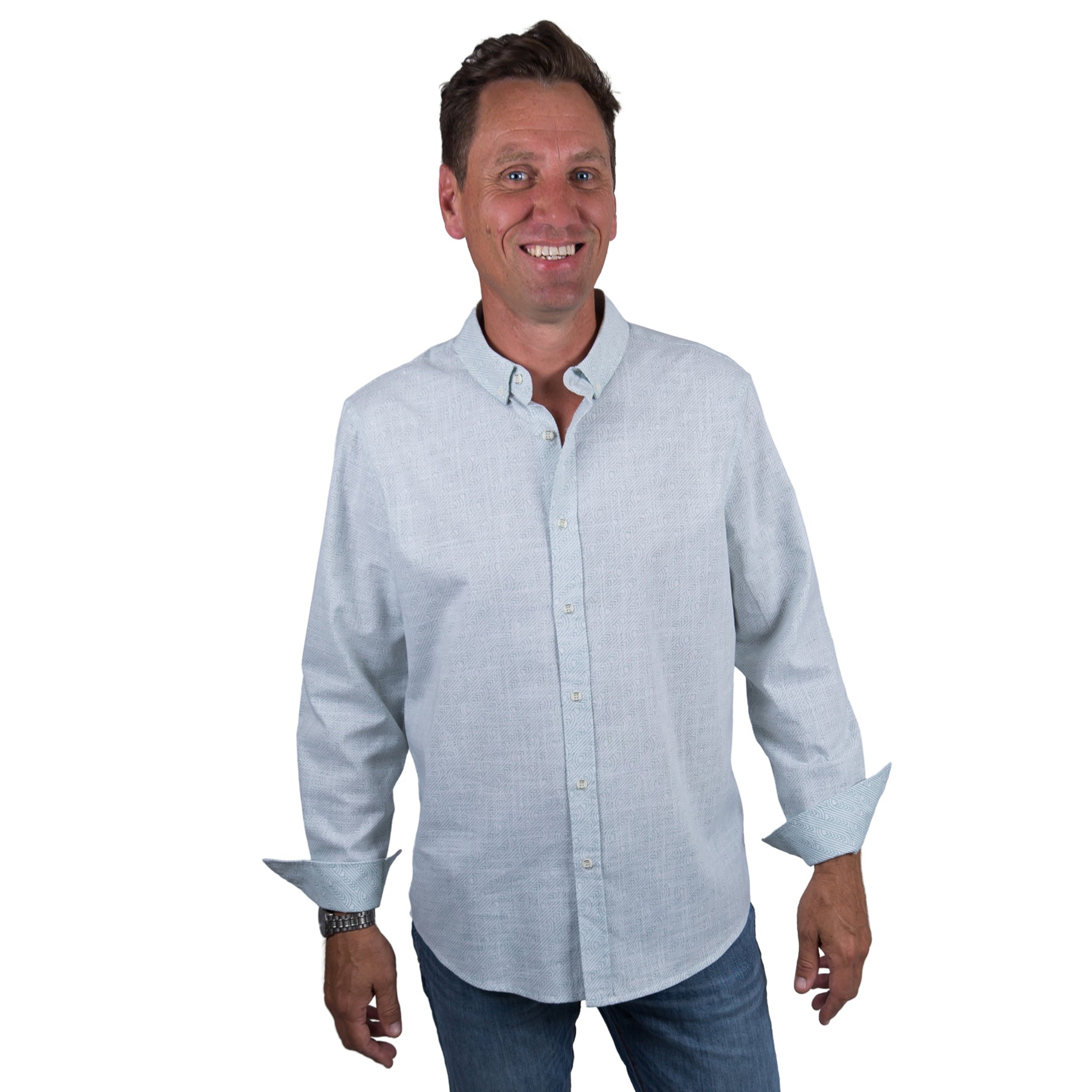 Kaleo Pakati Men’s Kiwi Classic Long Sleeve Shirt, modern button-up inspired by traditional Māori patterns, stylish coastal fashion from New Zealand.