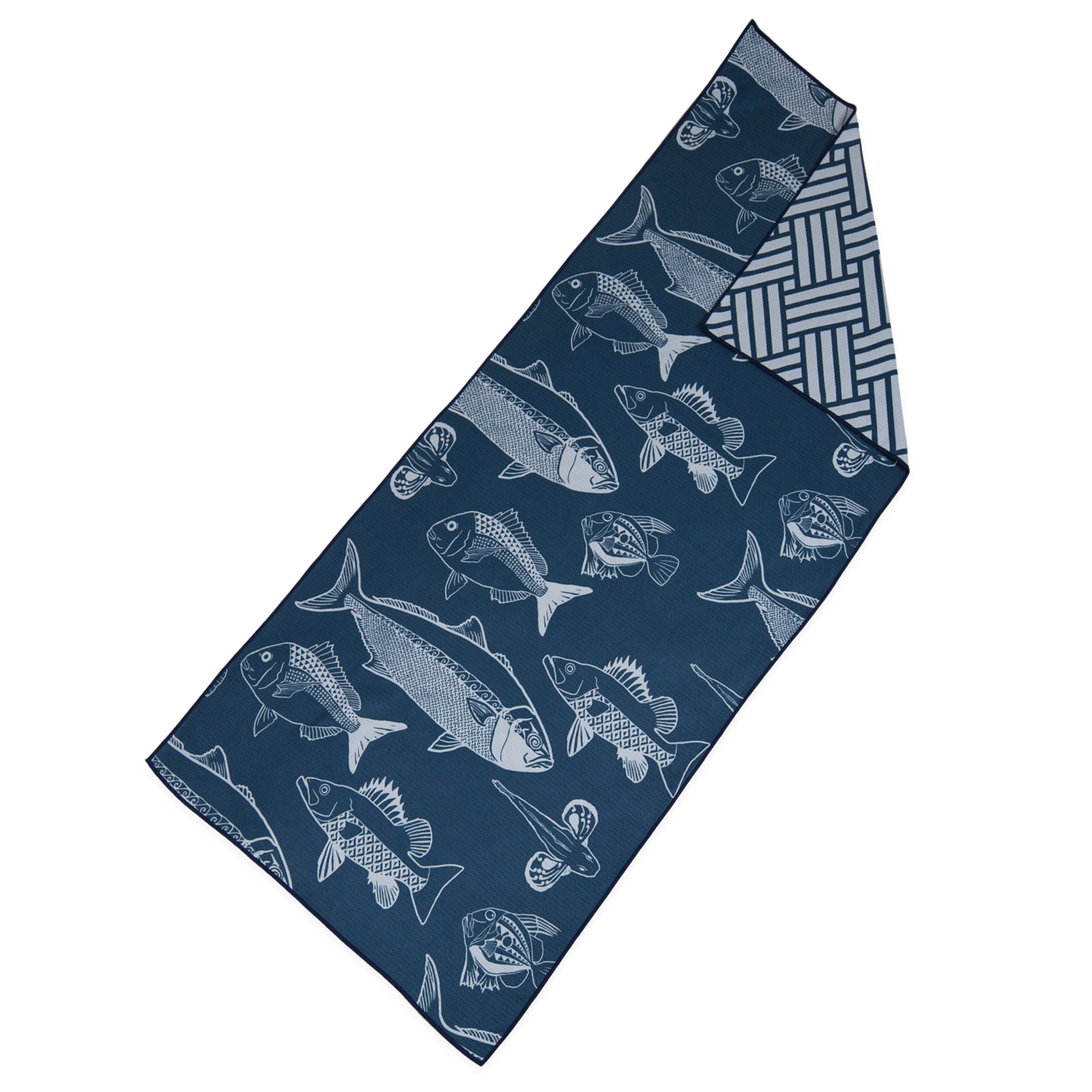 Kaleo BOI Catch beach towel featuring illustrated New Zealand fish design, coastal-inspired quick-dry towel for beach and summer use.