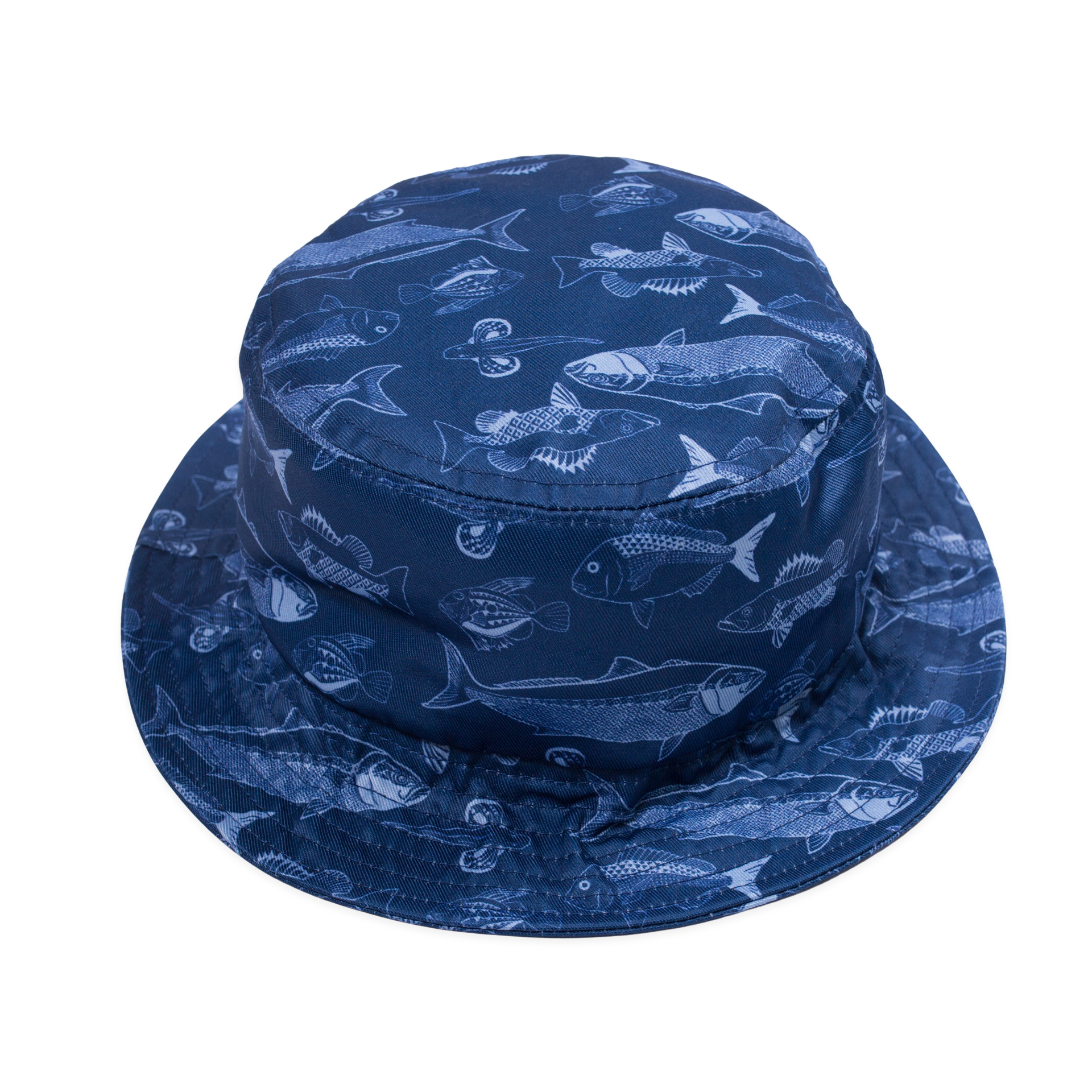 Kaleo BOI Catch men’s bucket hat in navy with fish print design, inspired by Bay of Islands fishing culture, lightweight coastal headwear for New Zealand summers.