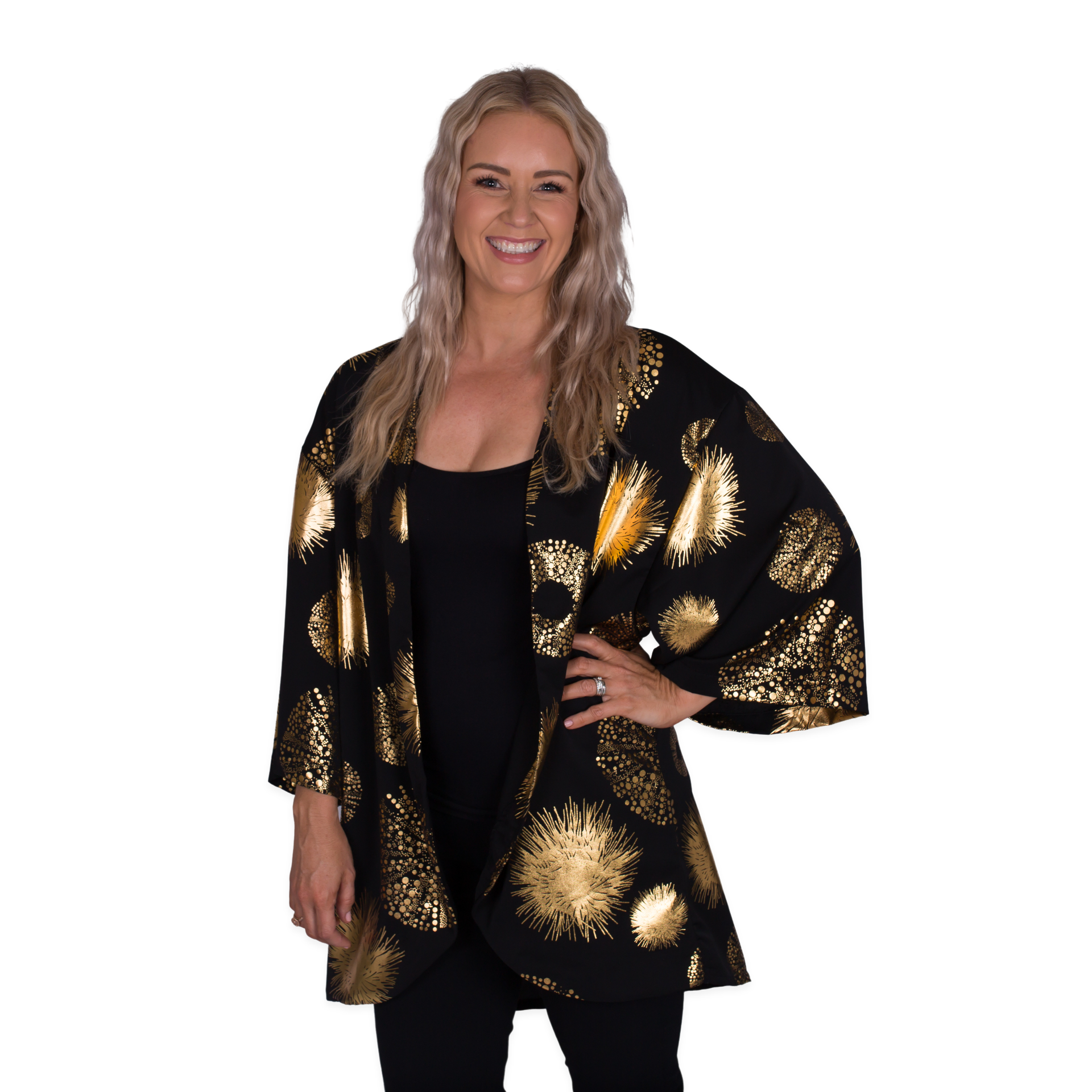 Kaleo Gold Kina Kimono for women, luxurious lightweight jacket with metallic kina shell design, inspired by New Zealand coastal style and ocean heritage.