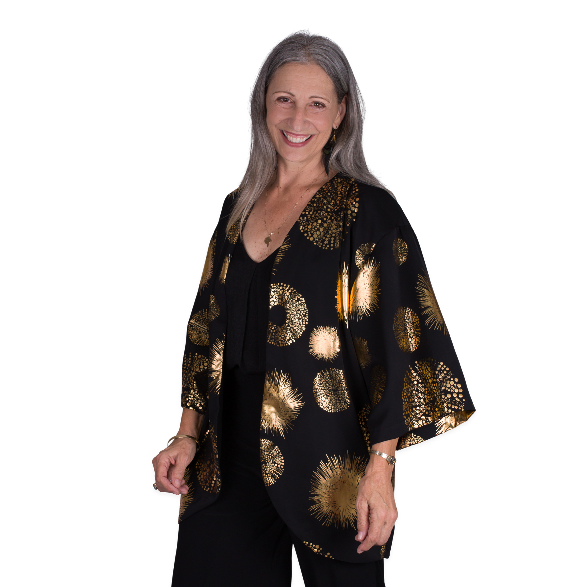 Kaleo Gold Kina Kimono for women, luxurious lightweight jacket with metallic kina shell design, inspired by New Zealand coastal style and ocean heritage.