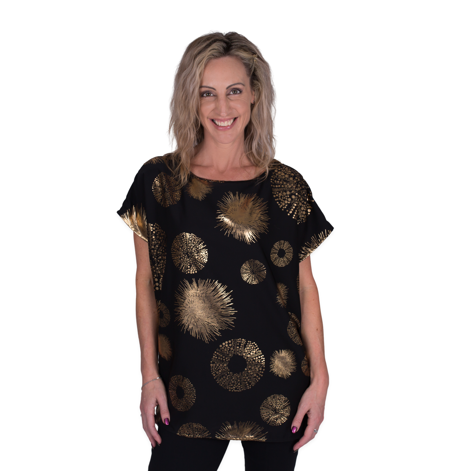 Kaleo Gold Kina Tui Blouse for women, stylish black and gold top inspired by New Zealand kina shell patterns, coastal fashion from NZ.