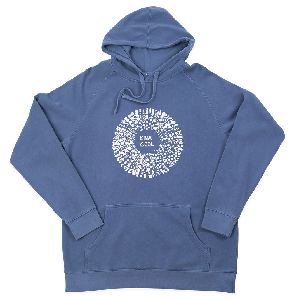 Kaleo Kina Cool sweatshirt in blue featuring white kina sea urchin print, unisex coastal New Zealand hoodie for casual beachwear and relaxed coastal living.
