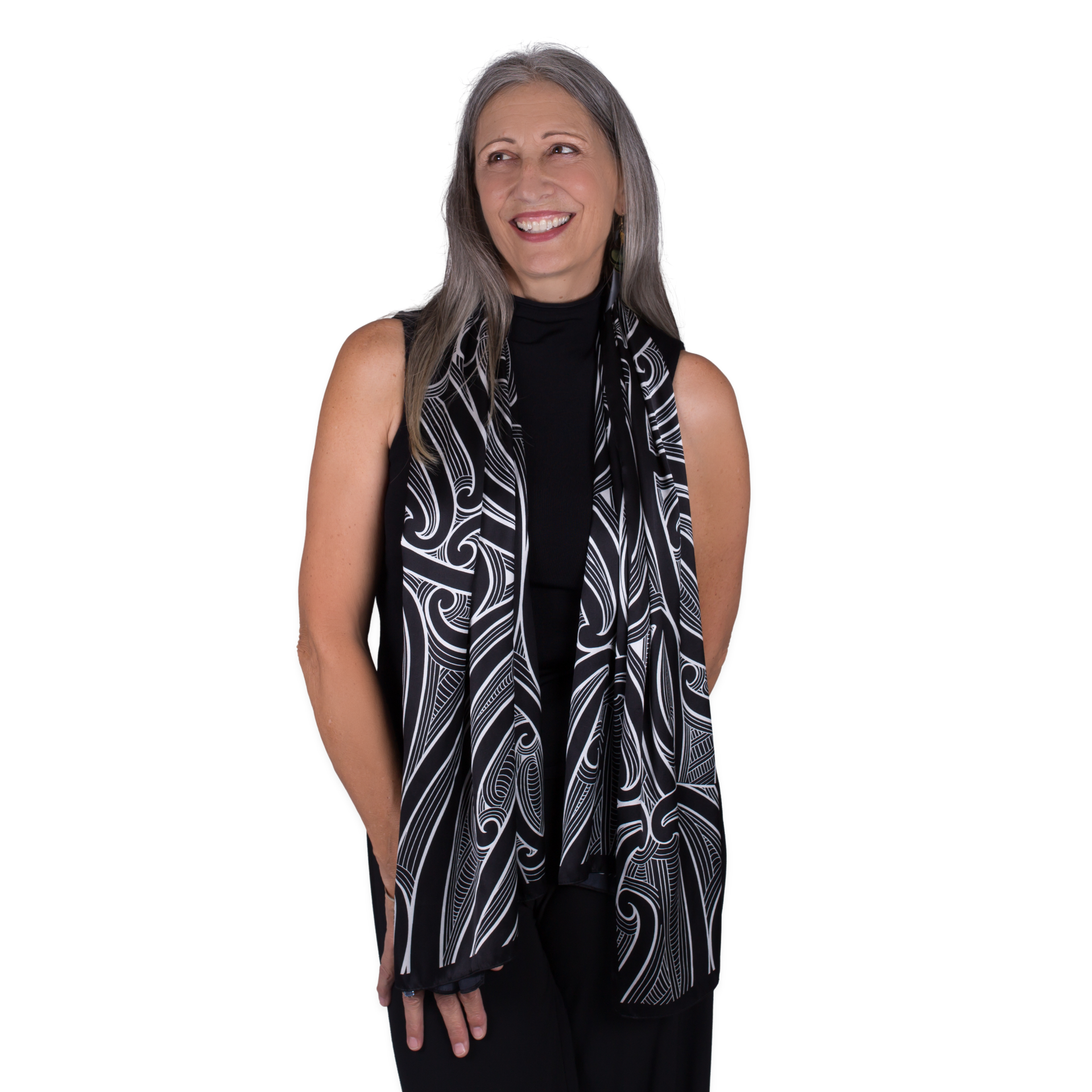 Kaleo Kowhaiwhai 100% silk scarf in black and white Māori-inspired design, premium New Zealand accessory for elegant coastal style.