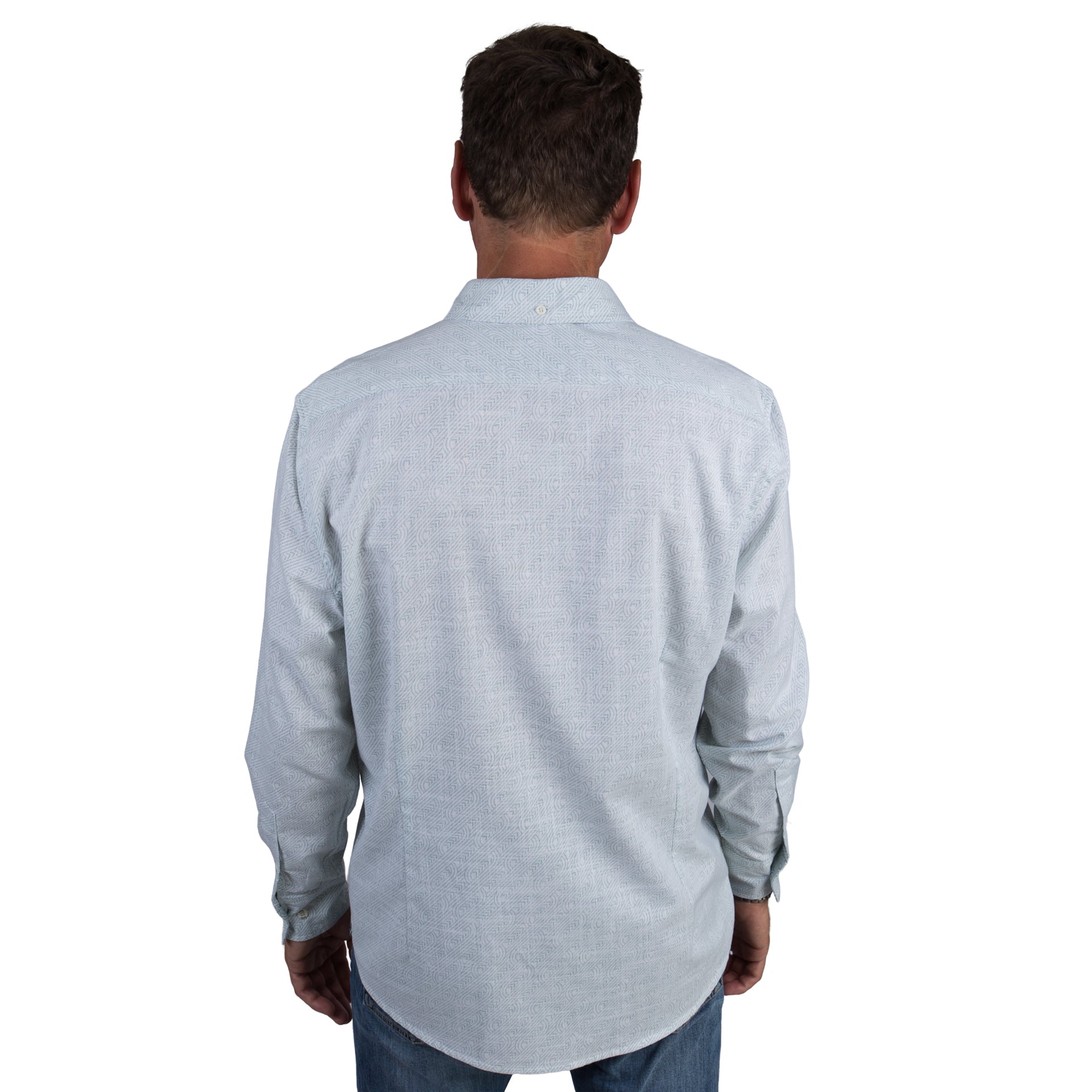Kaleo Pakati Men’s Kiwi Classic Long Sleeve Shirt, modern button-up inspired by traditional Māori patterns, stylish coastal fashion from New Zealand.