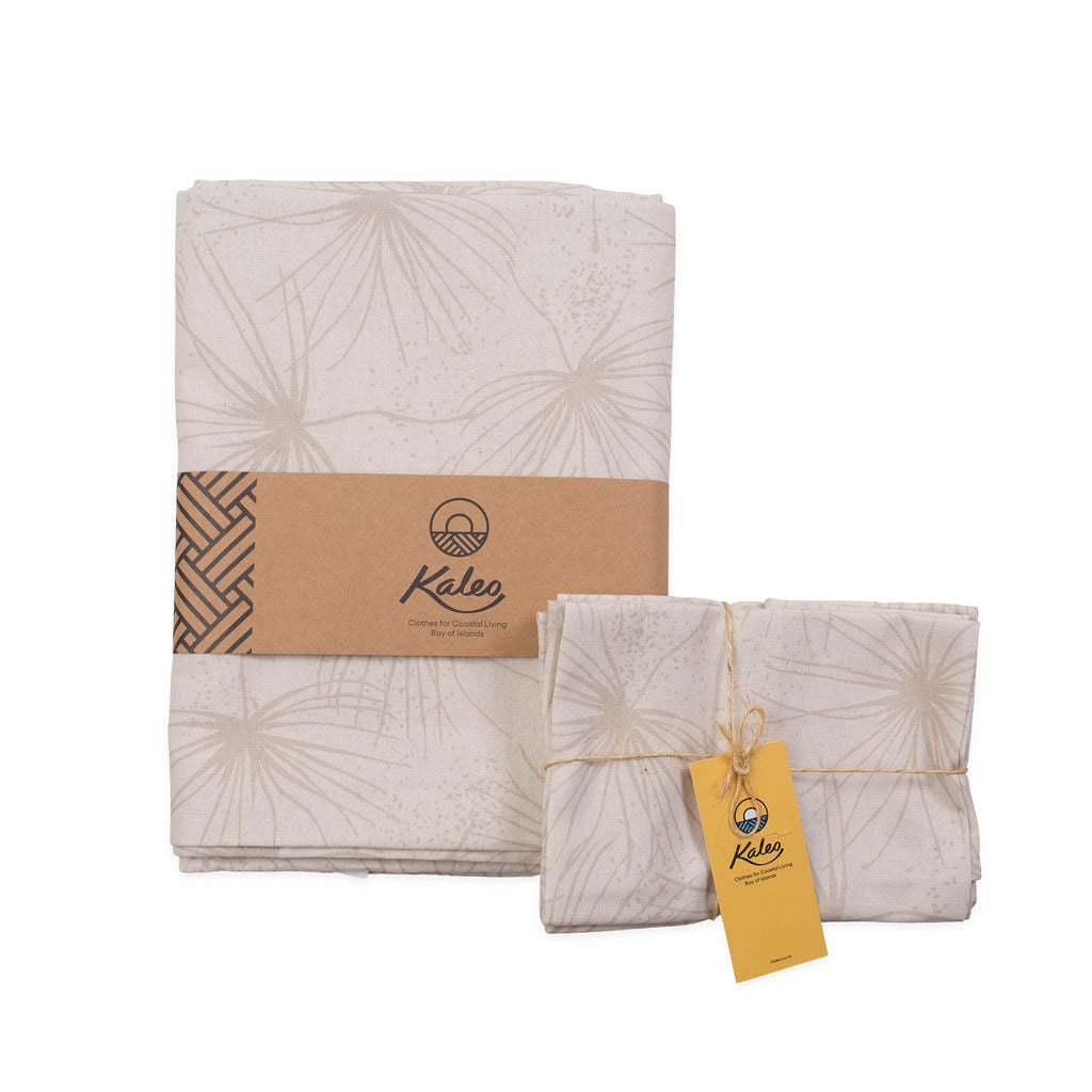 Kaleo Spinifex Napkins set of 4, eco-friendly cotton linen napkins with coastal NZ Spinifex print, perfect for dining, entertaining, and sustainable Kiwi tableware