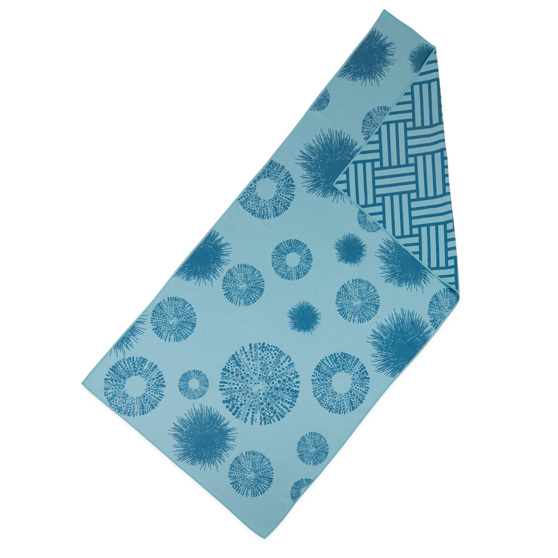 Kaleo Kina Cool beach towel in aqua blue with kina-inspired design, lightweight quick-dry towel perfect for New Zealand coastal living.