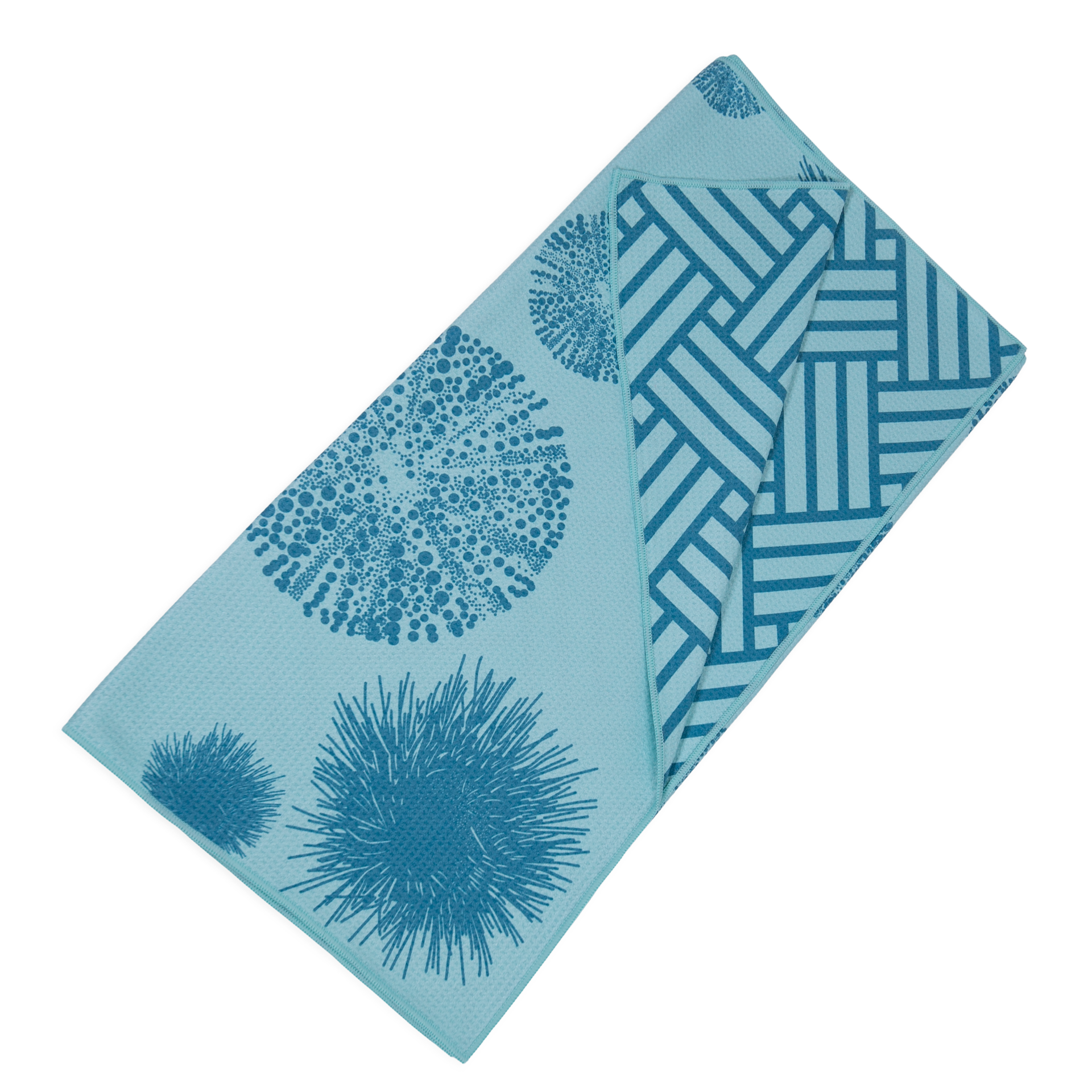 Kaleo Kina Cool beach towel in aqua blue with kina-inspired design, lightweight quick-dry towel perfect for New Zealand coastal living.