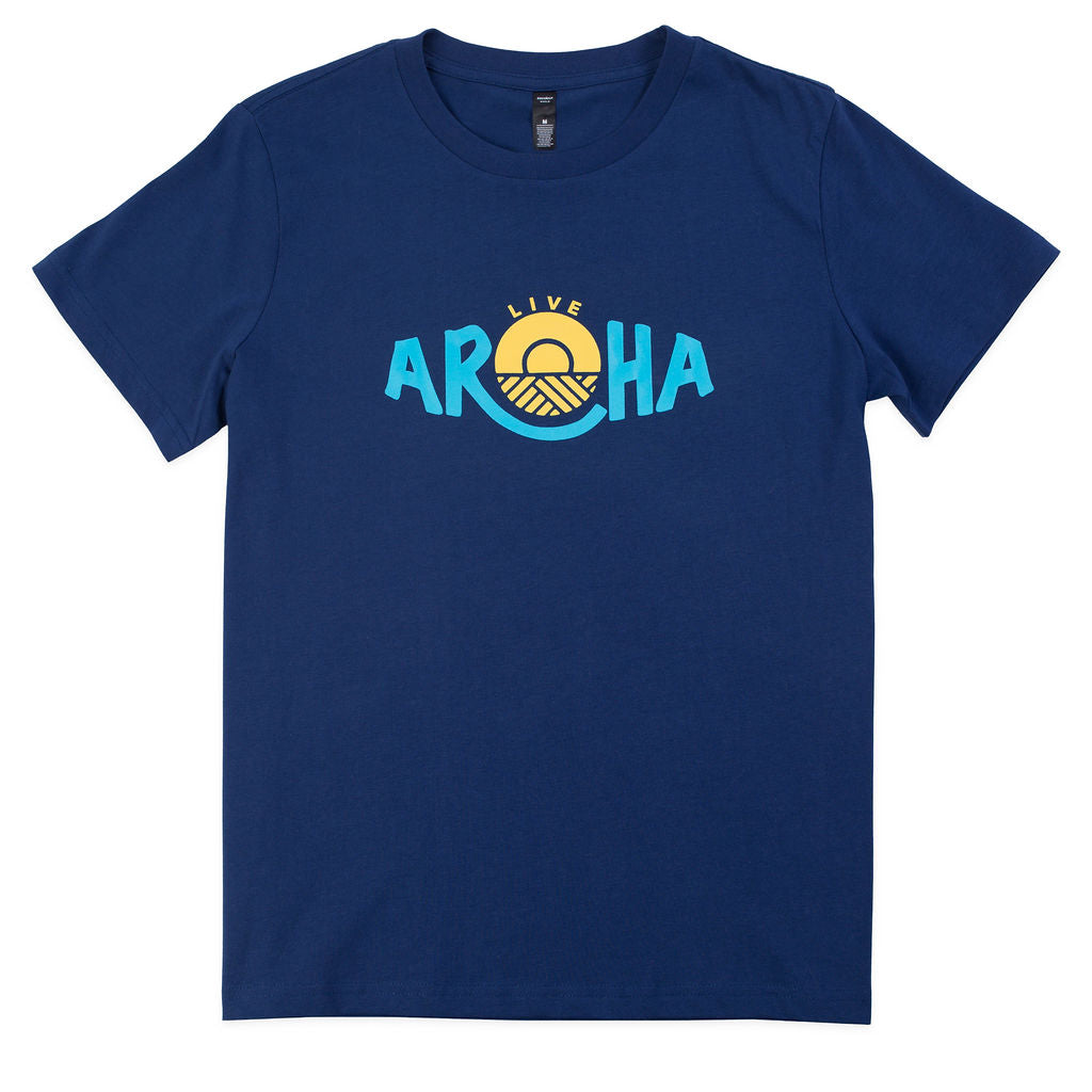 Kaleo Live Aroha men’s t-shirt in navy blue with bold Aroha logo and sunrise design, casual coastal fashion from New Zealand.
