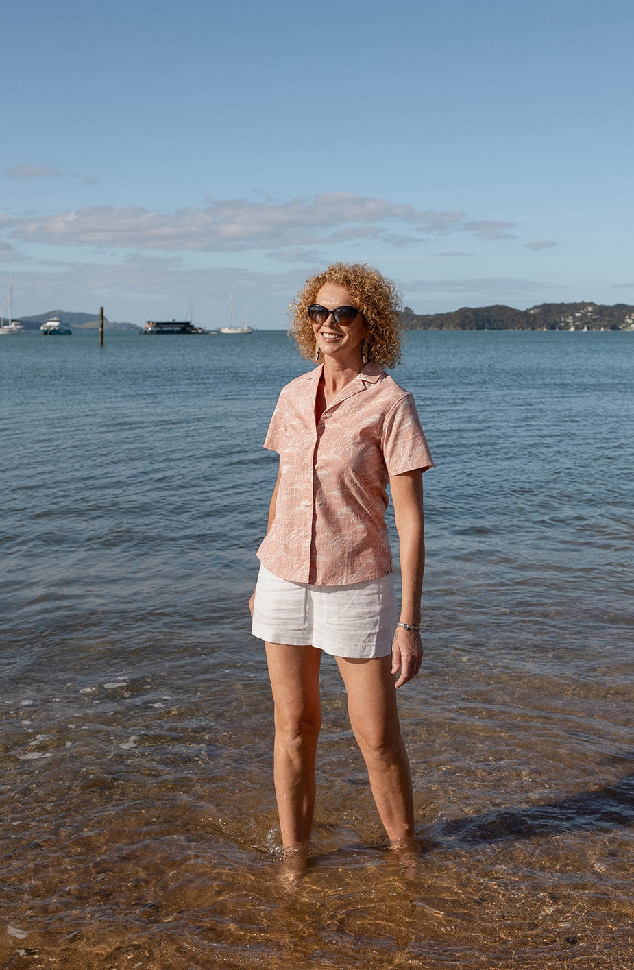 Womens short sleeve Kiwi Classic shirt in soft pink Toe Toe print – lightweight button-up summer shirt inspired by New Zealand native grasses, perfect for casual coastal style